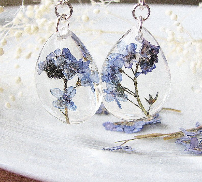 Resin Earrings, Handmade Pressed Flower Earrings, Dangle Earrings, Blue Forget Me Nots image 1