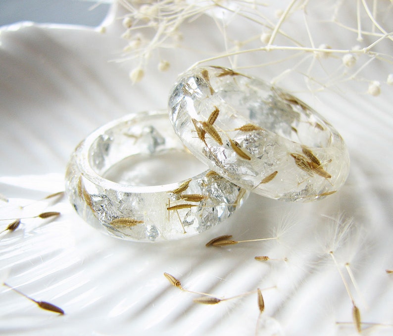 Dandelion Ring Resin Ring Silver Flakes Ring Resin Jewelry Etsy