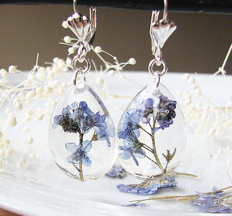 Resin Earrings, Handmade Pressed Flower Earrings, Dangle Earrings, Blue Forget Me Nots image 2