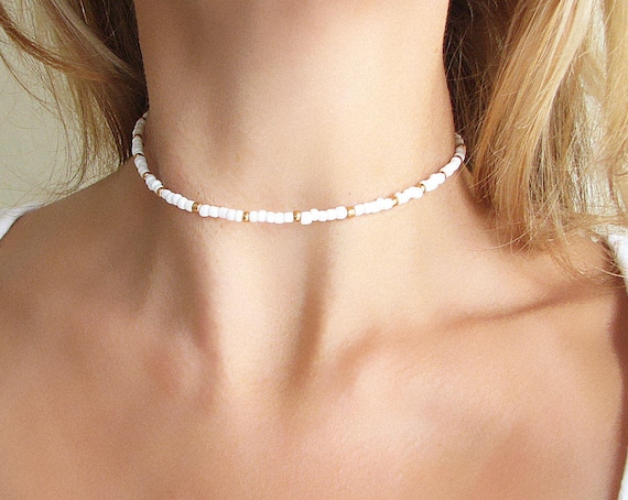 White and gold beaded choker deals
