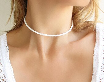 White Beaded Choker White Choker Beaded Necklace Glass Necklace