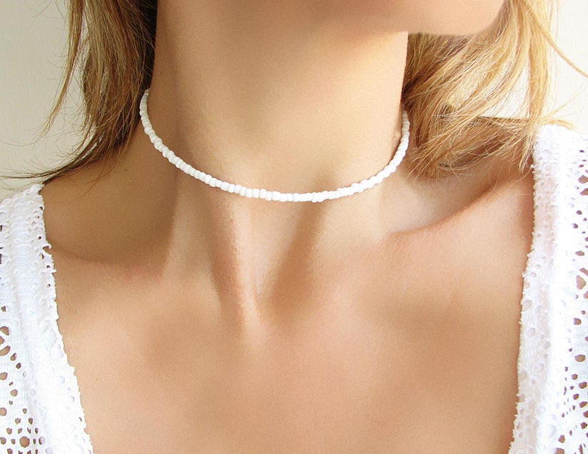 White Choker Beaded Necklace Glass 