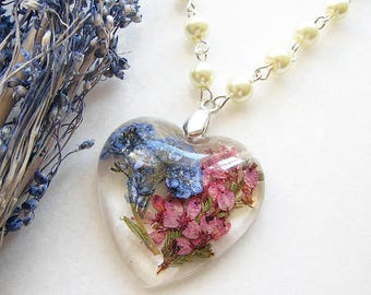 Resin Jewelry, Pendant Necklace, Real Flower Jewelry, Forget Me Not Necklace, Heart Necklace