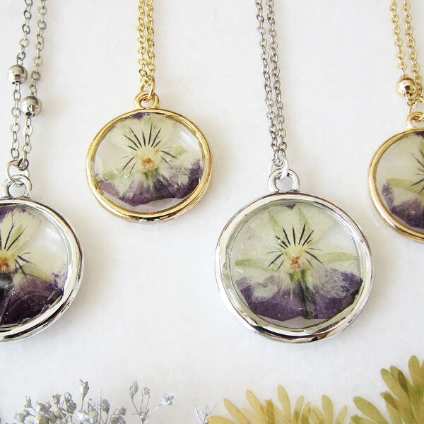 Harz Anhänger Halskette, Handgefertigter Schmuck, Gepresste Blume Violette Halskette, Lila Halskette