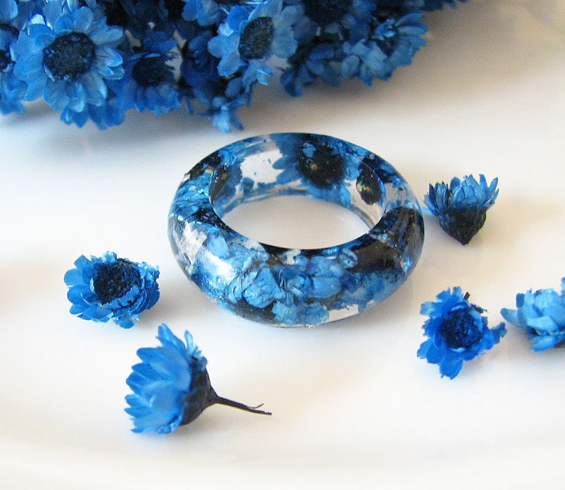 Resin Ring Real Flower Ring Resin Jewelry Blue Ring Etsy