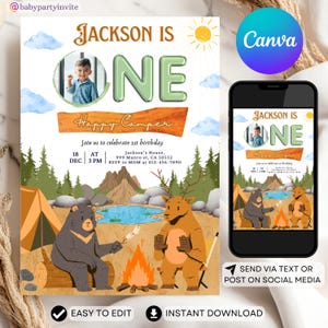 One Happy Camper Birthday Invitation Camping First Birthday Invite National Park Theme for Boy&#39;s First Birthday Woodland Animals Theme