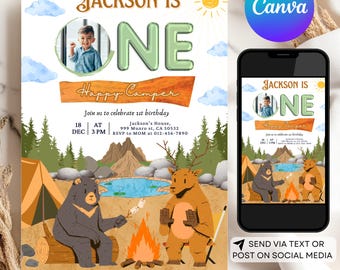 One Happy Camper Birthday Invitation Camping First Birthday Invite National Park Theme for Boy's First Birthday Woodland Animals Theme