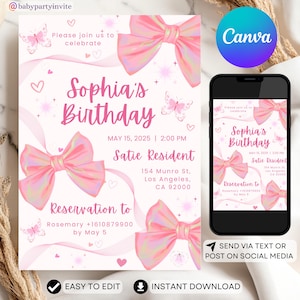 Coquette Pink 12th Birthday Invitation Girl, Editable Pink Bow First Birthday Template Printable, Fancy Birthday Invite, Twelfth Sleepover