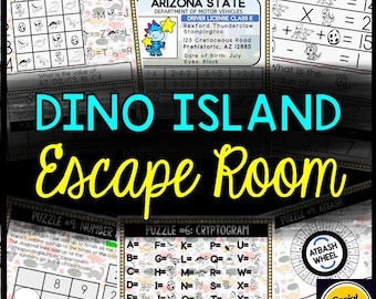 May include: A Dino Island Escape Room game with various puzzles. The image features several puzzle examples, including a Polybius square, a line-word puzzle, and a pictograph. The game's title is in large, colorful letters.