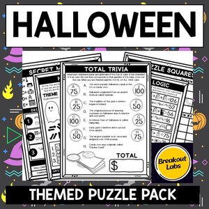 May include: A themed puzzle pack for Halloween, featuring trivia, logic puzzles, and secret message games. The pack includes various puzzle sheets with Halloween-themed questions and challenges, perfect for a spooky game night.