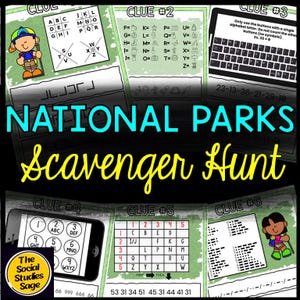 May include: A colorful educational game titled "National Parks Scavenger Hunt" with various clues and puzzles. The image includes illustrations of children, a smartphone, and a tablet, all designed to engage young learners in a fun, interactive activity.