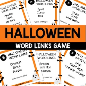 Juego de enlaces de palabras de Halloween - Tarjetas de juego estilo Tri-Bond - Noche de juegos en familia - Actividad para niños - Juego de fiesta de Halloween - Conexiones de juegos de palabras