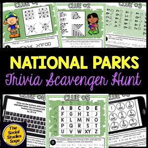 Könnte beinhalten: Ein farbenfrohes Lernspiel mit dem Titel "National Parks Trivia Scavenger Hunt". Das Spiel enthält mehrere Hinweise mit Rätseln, Chiffren und Lückentexten. Das Spiel ist in einem lustigen, cartoonartigen Stil gestaltet und zeigt Illustrationen von Kindern und Grafiken zum Thema Park.