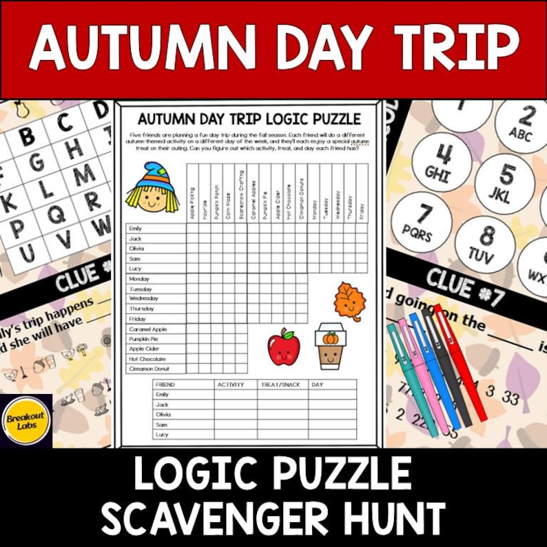 Fall Math Logic Puzzles Fall Scavenger Hunt Logic Puzzle Game: Autumn Day Trip (printable) - Etsy