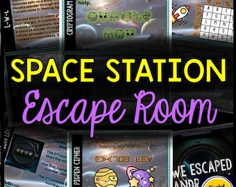 May include: A colorful educational game titled "Space Station Escape Room" with various puzzles and clues. The image features text, illustrations of planets, aliens, and a rocket ship, designed for an engaging learning experience.