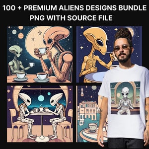 Peut inclure: Un t-shirt blanc avec un motif graphique d'un extraterrestre gris buvant du thé dans une fenêtre. L'extraterrestre porte une chemise blanche et a un fond vert. Le texte "100+ PREMIUM ALIENS DESIGNS BUNDLE PNG WITH SOURCE FILE" est en haut de l'image.