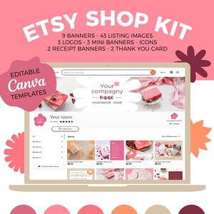Etsy shop kit floral, etsy banner and branding kit for your small business, Canva template, with custom icon and logo, floral pink