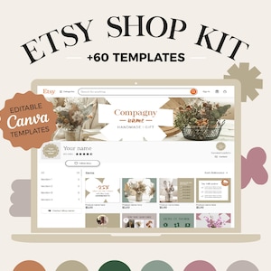Etsy shop kit template, canva editable banners and listings images for start your etsy shop, with custom logos and icons, graphic soft color