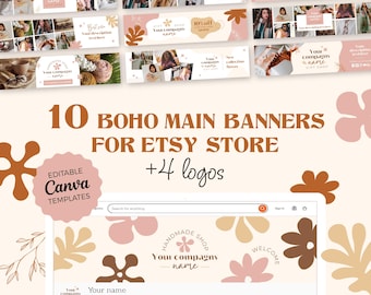 Boho etsy shop kit, etsy shop main banner for your small business, Canva template, with custom logo, boho and flower style