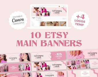 Pink etsy shop banner, etsy main banner for your small business, Canva template, with custom logo, pink color