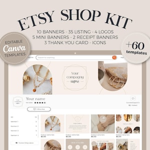Kit pour boutique Etsy, template Canva modifiable de bannière et d’image de fiche produit Etsy, logo et picto personnalisable, beige