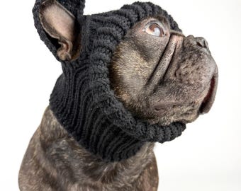 May include: A black knitted snood worn by a brindle French Bulldog. The accessory features a ribbed texture and a dedicated opening for one ear, covering the neck and the top of the head while leaving the face and the other ear exposed.