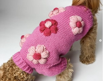 Pink Knitted Dog Sweater "Chloe" with flowers | Custom Fit Dog Jumper with Heart Design | Cozy Wool Dog Sweater for Small & Large Dogs