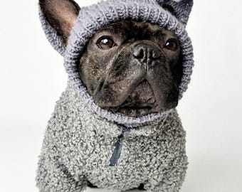 Gray Knit Dog Beanie with Ears, Handmade Wool Blend Pet Hat
