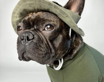 Kapelusz typu bucket hat w kolorze khaki dla buldoga francuskiego z paskiem pod brodą, mały kapelusz przeciwsłoneczny na lato dla psa, czapka plażowa dla szczeniaka
