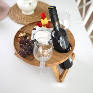 Folding wine table for picnic, custom portable compact wine table, Christmas gift for wine lovers, wood wine table with sections