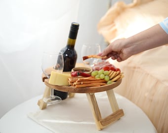 Personalized Wooden Wine Picnic Table: Portable Outdoor Wine Caddy