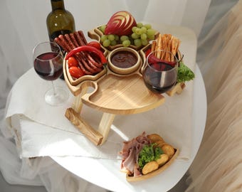 Personalized Ash Wood Wine Table: Portable Picnic Table with Glass Holders