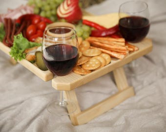 Personalized Wine Picnic Table: Handmade Oak & Ash Wood - Gift for Wine Lovers