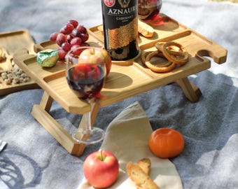 Personalized Wooden Wine Picnic Table: Portable Outdoor Wine Caddy