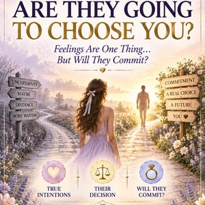 Può includere: Un'immagine digitale per una lettura psichica dell'amore con il testo ARE THEY GOING TO CHOOSE YOU? Feelings Are One Thing... But Will They Commit? Una persona in un abito color lavanda si trova su un sentiero di pietra tra due cartelli.