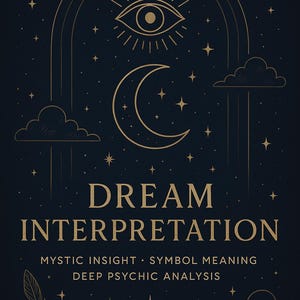 May include: Dark blue illustration with gold detailing, featuring an eye, crescent moon, clouds, and stars. Text reads "DREAM INTERPRETATION" with subtext: "MYSTIC INSIGHT • SYMBOL MEANING • DEEP PSYCHIC ANALYSIS". A feather is also included.