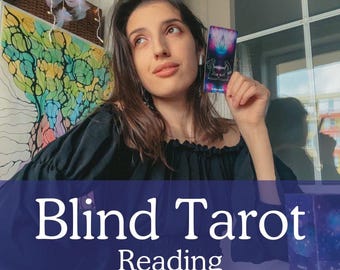 May include: A woman holds a tarot card in front of her face. The card is purple and blue with a white design. The text "Blind Tarot Reading" is in a blue banner at the bottom of the image.
