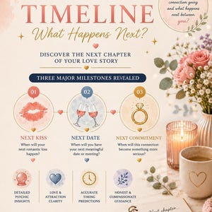May include: A relationship timeline infographic titled What Happens Next? featuring three milestones: Next Kiss with lips, Next Date with wine glasses, and Next Commitment with a ring. Includes text about psychic insights, love clarity, and timing predictions.