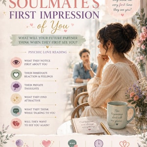 May include: A digital flyer titled YOUR SOULMATE'S FIRST IMPRESSION of You, featuring a woman sitting at a table with a mug and notebook. The text lists psychic love reading services including what they notice first, reactions, thoughts, and future connection.