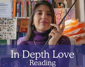 May include: A woman wearing a purple turtleneck sweater holds a black wand in front of a bookshelf. The text "In Depth Love Reading" is superimposed on the image.