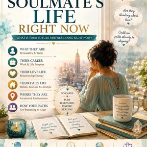 Op de afbeelding: Een promotionele afbeelding met de titel YOUR SOULMATE'S LIFE RIGHT NOW, waarop een persoon naar een stadsskyline kijkt. Het bevat tekst over paranormale lezingen, een notitieboek met handgeschreven notities, een mok met tekst en diverse iconen.