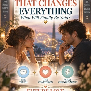 Könnte beinhalten: Ein Plakat mit dem Titel The Conversation That Changes Everything, What Will Finally Be Said? zeigt ein Paar an einem Tisch. Darunter befinden sich drei runde Symbole mit der Beschriftung The Truth, The Confession und What Changes Next? sowie der Text Future Love Psychic Reading.