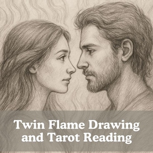 Puede incluir: Un boceto a lápiz de un hombre y una mujer mirándose de perfil. La mujer tiene el pelo largo y el hombre barba. El texto "Twin Flame Drawing and Tarot Reading" está en la parte inferior de la imagen.