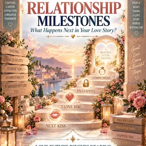 Op de afbeelding: Een digitale poster getiteld YOUR FUTURE RELATIONSHIP MILESTONES met een stenen trap die naar een gloeiende hartvormige boog leidt. Iconen tonen mijlpalen zoals een kus, hart, slot en ring, vergezeld door diverse teksten.