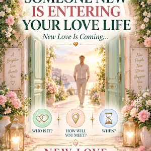 Op de afbeelding: Een digitale poster voor een New Love Psychic Reading met een man die door een open deur loopt, omlijst door roze bloemen. De tekst luidt: SOMEONE NEW IS ENTERING YOUR LOVE LIFE, New Love Is Coming, WHO IS IT, HOW WILL YOU MEET, WHEN, NEW LOVE PSYCHIC READING.