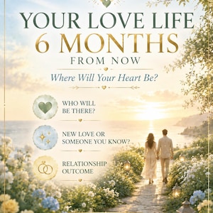 Può includere: Una grafica digitale intitolata YOUR LOVE LIFE 6 MONTHS FROM NOW, che mostra un sentiero costiero al tramonto con due figure che camminano. Il testo include: Where Will Your Heart Be?, Who Will Be There?, New Love Or Someone You Know?, Relationship Outcome e Future Love Psychic Reading.