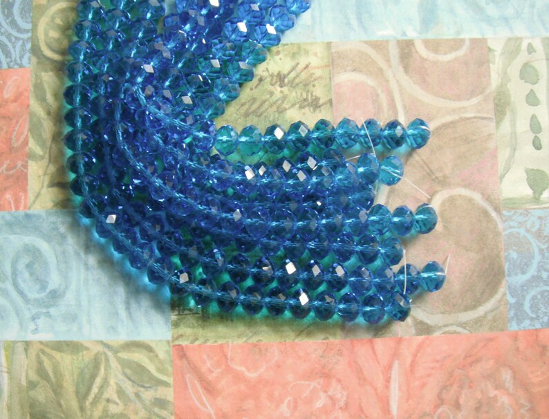 2 Aqua Blue Crystal Designer Glass Roundel Faceted Beads 10X5mm Beads 2 Strands 8 Inch Each.