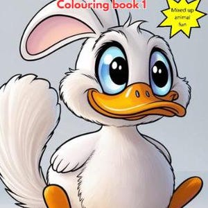 May include: A white and orange cartoon animal with a duck beak and bunny ears. The animal is sitting on a white background. The text "FUNIMALS Colouring book 1" is at the top of the image. A yellow star with the text "Mixed up animal fun" is in the top right corner.