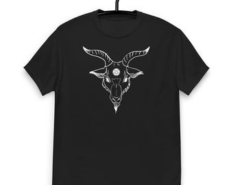 May include: Black t-shirt with a white graphic of a goat's head with a pentagram in its forehead.