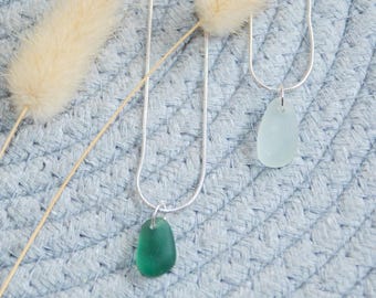 Handmade Silver Seaglass Necklace - natural sea beach glass pendant, marine style charm jewellery, sterling silver sea glass accessories